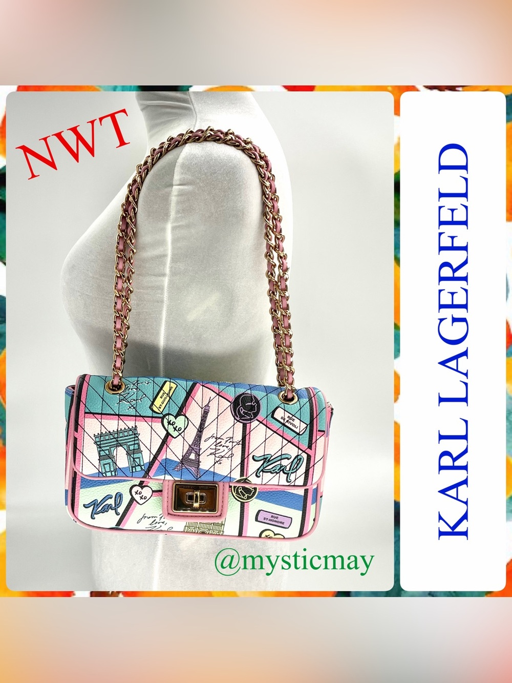 New KARL LAGERFELD Agyness Blush Pink Paris Landmark Print Shoulder Bag Purse